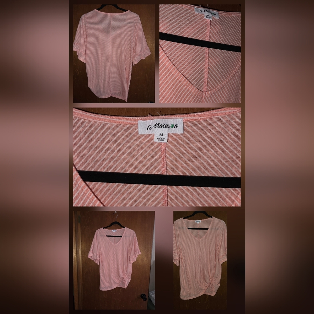 MACARON Coral Striped V-Neck Blouse